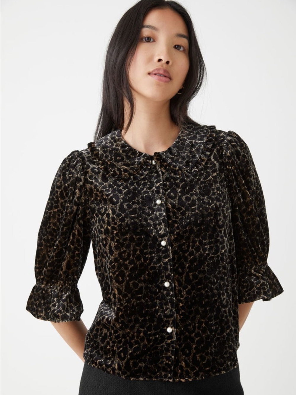 & Other Stories Puff Sleeve Velvet Blouse Size 6 Excellent Condition Leopard Top